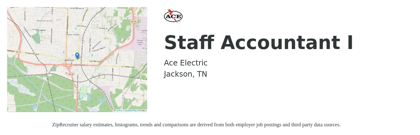 Ace Electric job posting for a Staff Accountant I in Jackson, TN with a salary of $48,000 to $63,300 Yearly with a map of Jackson location.