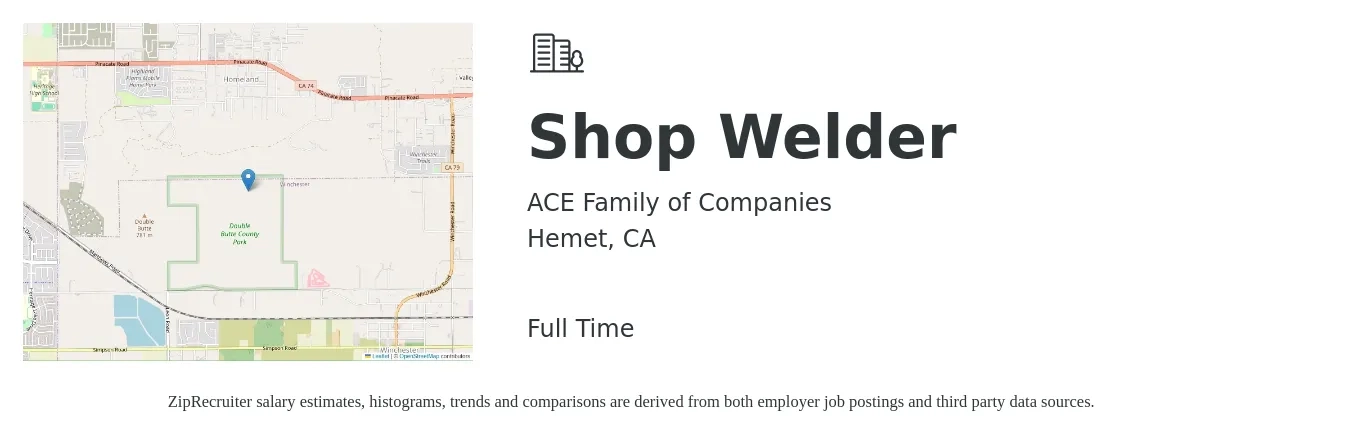 ACE Family of Companies job posting for a Shop Welder in Hemet, CA with a salary of $18 to $26 Hourly with a map of Hemet location.