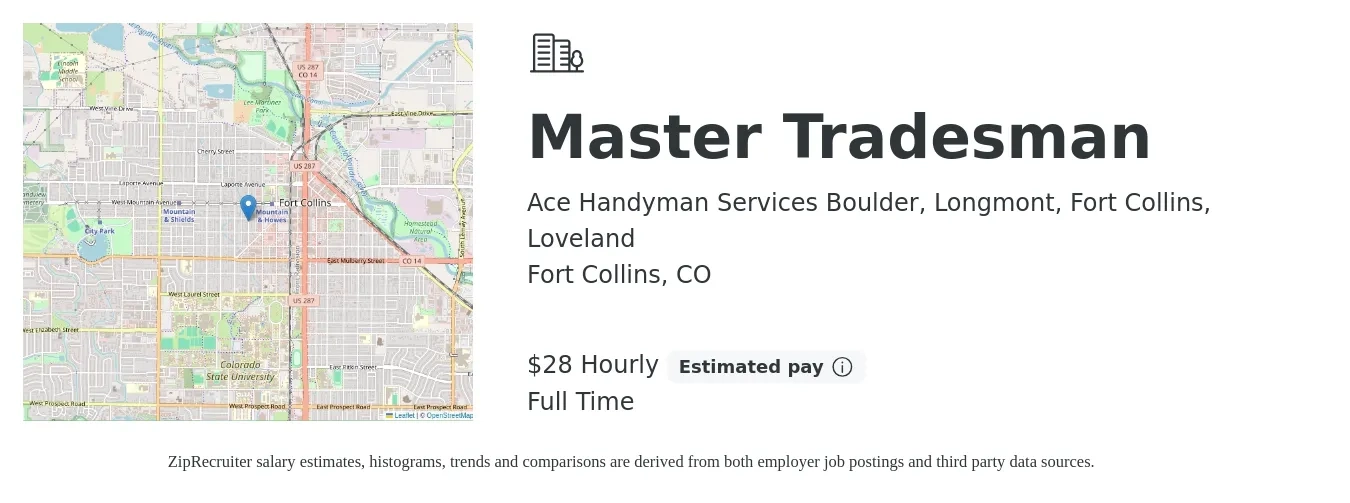 Ace Handyman Services Boulder, Longmont, Fort Collins, Loveland job posting for a Master Tradesman in Fort Collins, CO with a salary of $30 Hourly with a map of Fort Collins location.