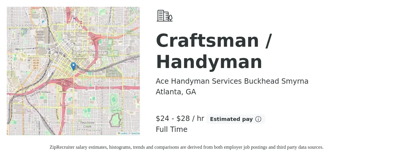 Ace Handyman Services Buckhead Smyrna job posting for a Craftsman / Handyman in Atlanta, GA with a salary of $25 to $30 Hourly with a map of Atlanta location.