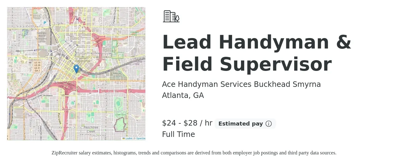Ace Handyman Services Buckhead Smyrna job posting for a Lead Handyman & Field Supervisor in Atlanta, GA with a salary of $25 to $30 Hourly with a map of Atlanta location.