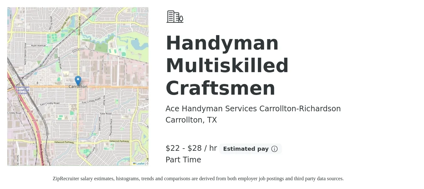Ace Handyman Services Carrollton-Richardson job posting for a Handyman Multiskilled Craftsmen in Carrollton, TX with a salary of $23 to $30 Hourly with a map of Carrollton location.