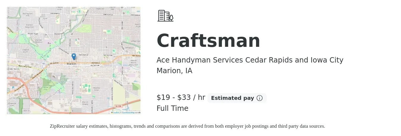Ace Handyman Services Cedar Rapids and Iowa City job posting for a Craftsman in Marion, IA with a salary of $20 to $35 Hourly with a map of Marion location.