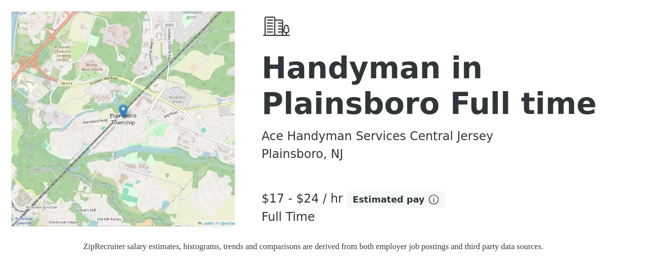 Ace Handyman Services Central Jersey job posting for a Handyman in Plainsboro Full time in Plainsboro, NJ with a salary of $18 to $25 Hourly with a map of Plainsboro location.
