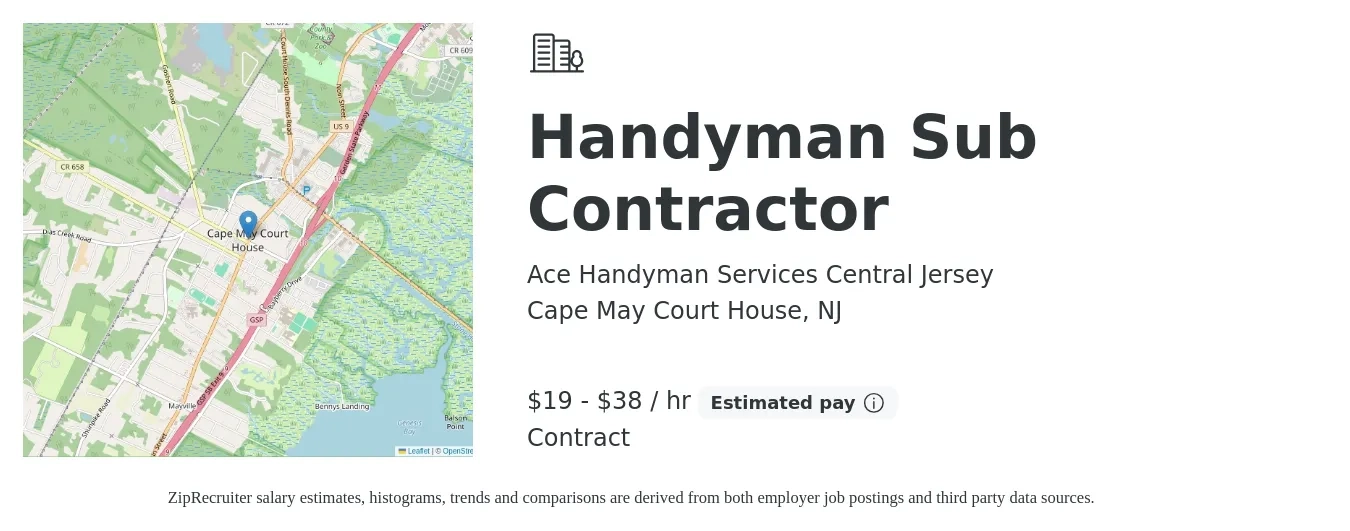 Ace Handyman Services Central Jersey job posting for a Handyman Sub Contractor in Cape May Court House, NJ with a salary of $20 to $40 Hourly with a map of Cape May Court House location.