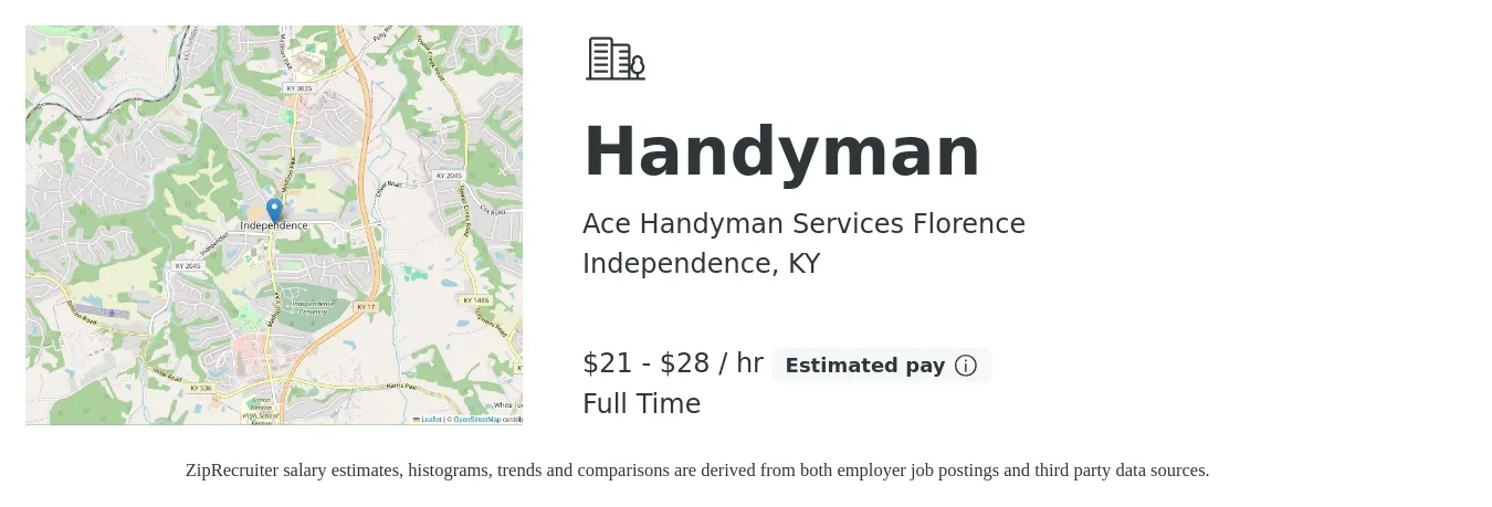 Ace Handyman Services Florence job posting for a Handyman in Independence, KY with a salary of $22 to $30 Hourly with a map of Independence location.