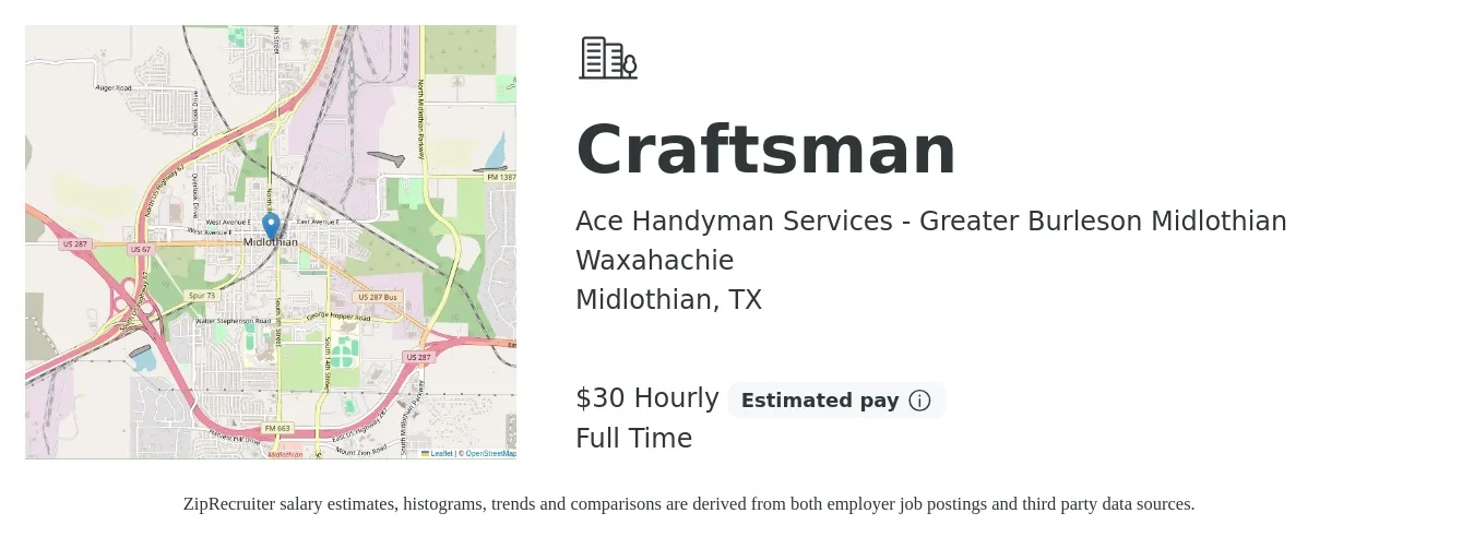 Ace Handyman Services - Greater Burleson Midlothian Waxahachie job posting for a Craftsman in Midlothian, TX with a salary of $32 Hourly with a map of Midlothian location.