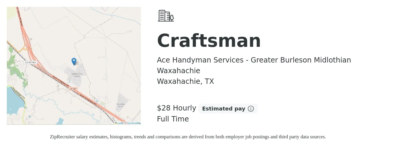 Ace Handyman Services - Greater Burleson Midlothian Waxahachie job posting for a Craftsman in Waxahachie, TX with a salary of $30 Hourly with a map of Waxahachie location.
