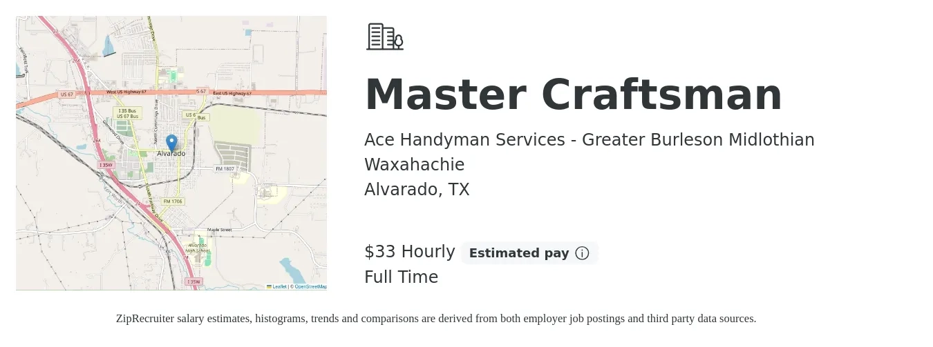 Ace Handyman Services - Greater Burleson Midlothian Waxahachie job posting for a Master Craftsman in Alvarado, TX with a salary of $35 Hourly with a map of Alvarado location.