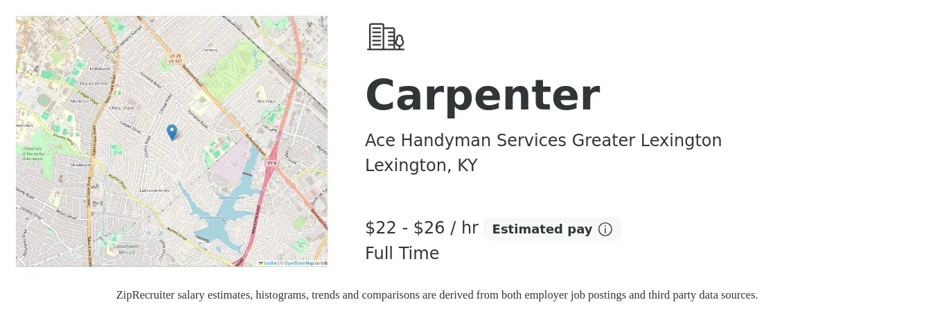 Ace Handyman Services Greater Lexington job posting for a Carpenter in Lexington, KY with a salary of $23 to $28 Hourly with a map of Lexington location.