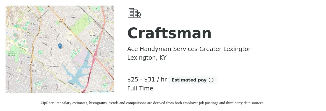 Ace Handyman Services Greater Lexington job posting for a Craftsman in Lexington, KY with a salary of $22 to $27 Hourly with a map of Lexington location.