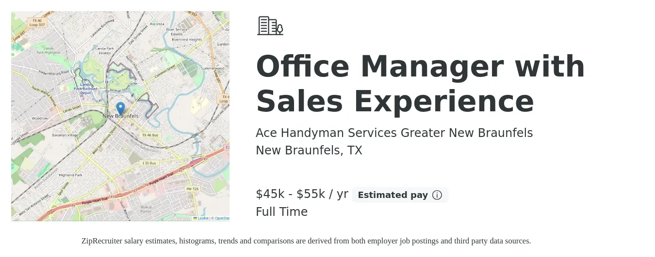 Ace Handyman Services Greater New Braunfels job posting for a Office Manager with Sales Experience in New Braunfels, TX with a salary of $45,000 to $55,000 Yearly with a map of New Braunfels location.