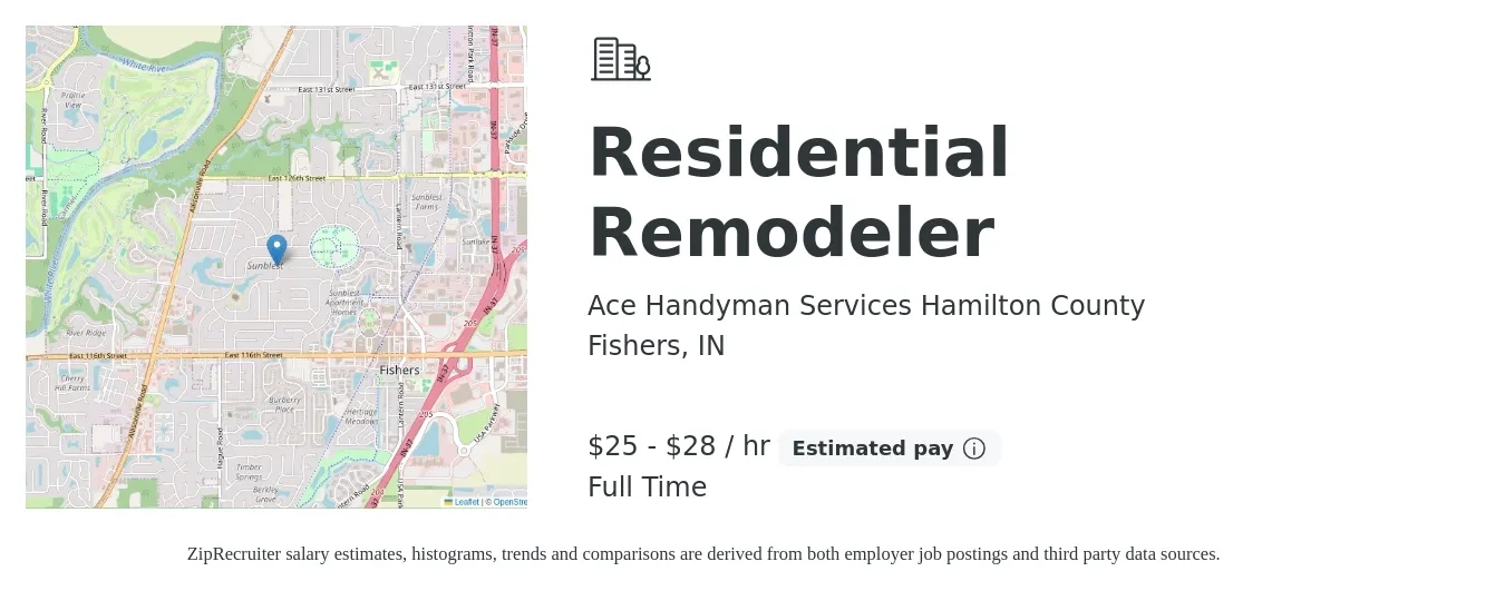 Ace Handyman Services Hamilton County job posting for a Residential Remodeler in Fishers, IN with a salary of $26 to $30 Hourly with a map of Fishers location.