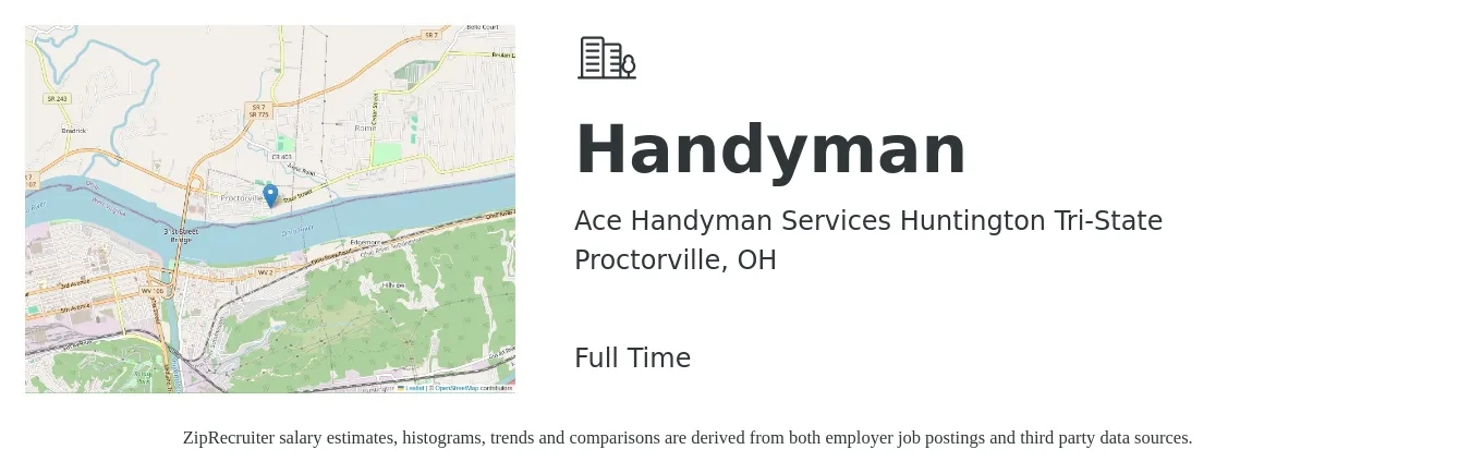 Ace Handyman Services Huntington Tri-State job posting for a Handyman in Proctorville, OH with a salary of $20 to $29 Hourly with a map of Proctorville location.