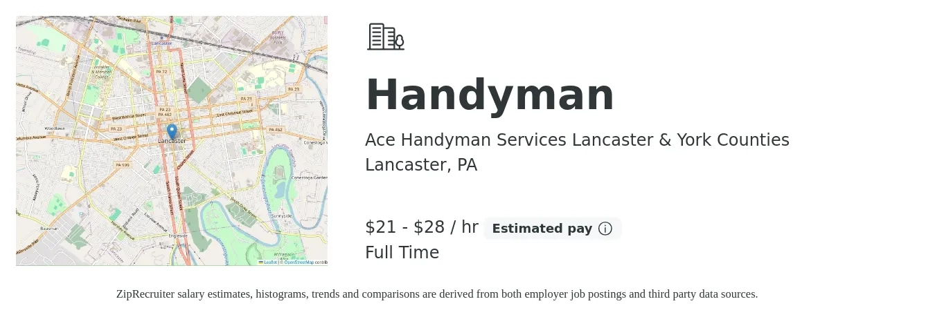 Ace Handyman Services Lancaster & York Counties job posting for a Handyman in Lancaster, PA with a salary of $22 to $30 Hourly with a map of Lancaster location.