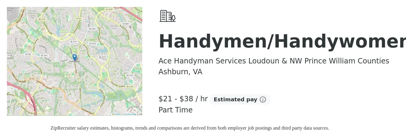 Ace Handyman Services Loudoun & NW Prince William Counties job posting for a Handymen/Handywomen in Ashburn, VA with a salary of $22 to $40 Hourly with a map of Ashburn location.