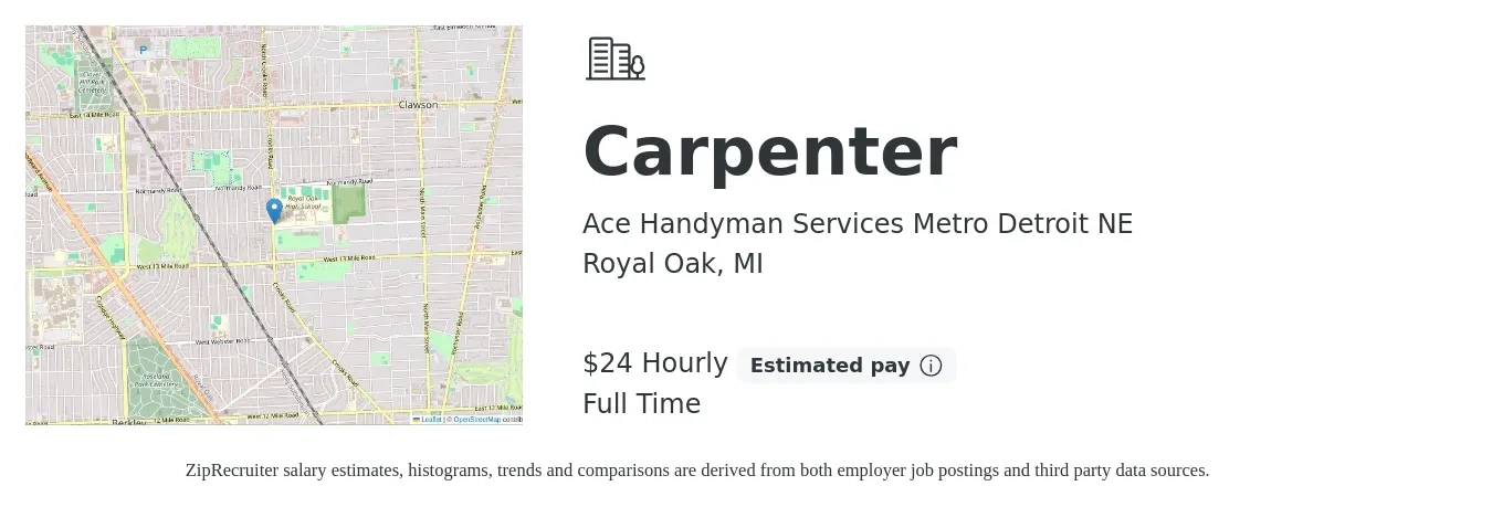 Ace Handyman Services Metro Detroit NE job posting for a Carpenter in Royal Oak, MI with a salary of $25 Hourly with a map of Royal Oak location.