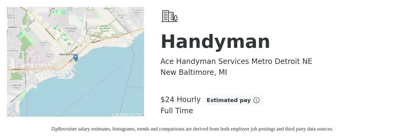 Ace Handyman Services Metro Detroit NE job posting for a Handyman in New Baltimore, MI with a salary of $25 Hourly with a map of New Baltimore location.