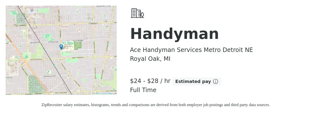 Ace Handyman Services Metro Detroit NE job posting for a Handyman in Royal Oak, MI with a salary of $25 to $30 Hourly with a map of Royal Oak location.