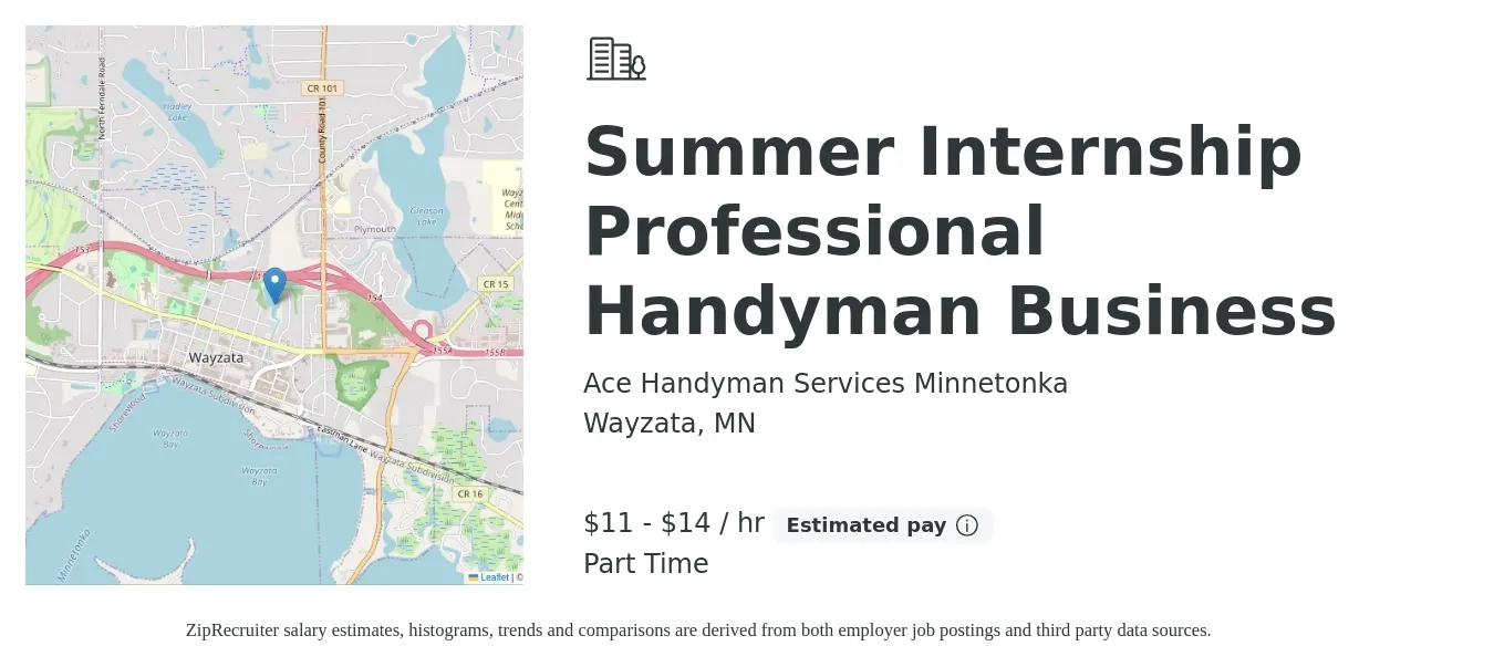 Ace Handyman Services Minnetonka job posting for a Summer Internship Professional Handyman Business in Wayzata, MN with a salary of $12 to $15 Hourly with a map of Wayzata location.