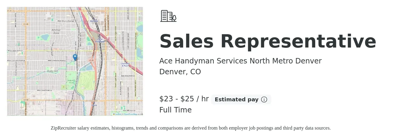 Ace Handyman Services North Metro Denver job posting for a Sales Representative in Denver, CO with a salary of $24 to $26 Hourly with a map of Denver location.