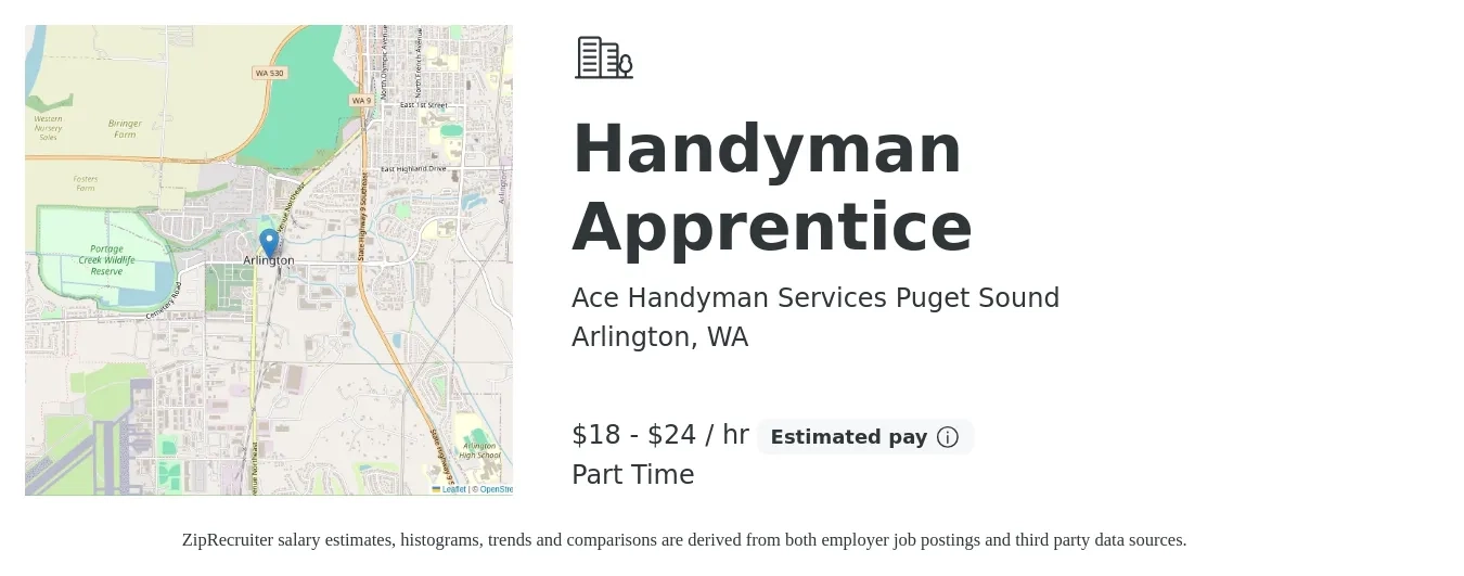 Ace Handyman Services Puget Sound job posting for a Handyman Apprentice in Arlington, WA with a salary of $19 to $25 Hourly with a map of Arlington location.