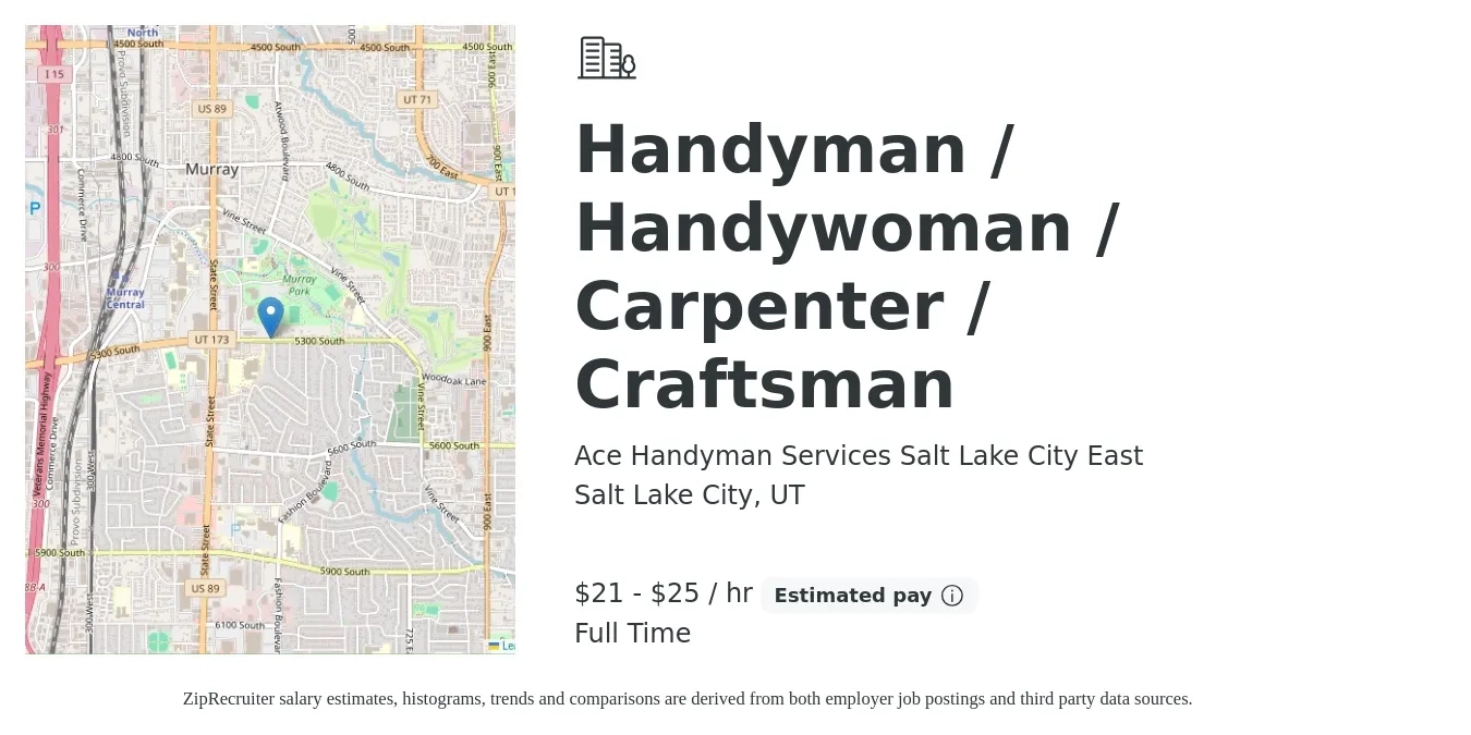 Ace Handyman Services Salt Lake City East job posting for a Handyman / Handywoman / Carpenter / Craftsman in Salt Lake City, UT with a salary of $25 to $30 Hourly with a map of Salt Lake City location.