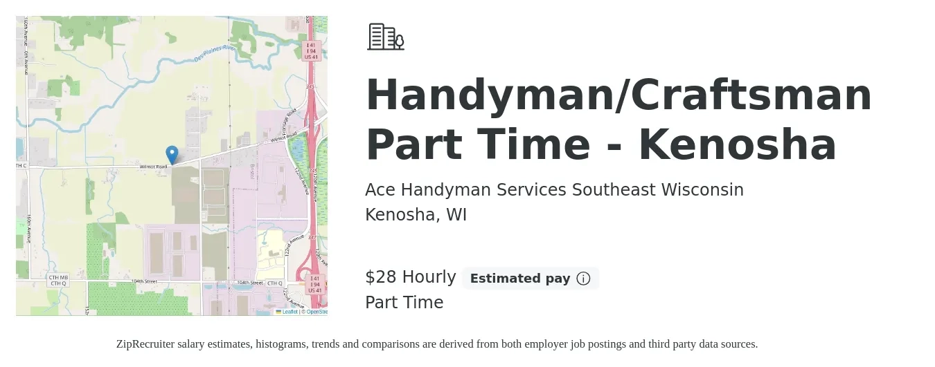 Ace Handyman Services Southeast Wisconsin job posting for a Handyman/Craftsman Part Time - Kenosha in Kenosha, WI with a salary of $30 Hourly with a map of Kenosha location.