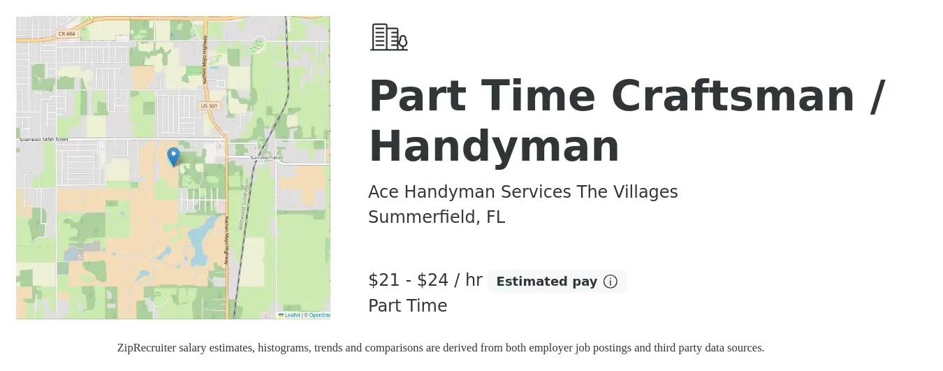 Ace Handyman Services The Villages job posting for a Part Time Craftsman / Handyman in Summerfield, FL with a salary of $22 to $25 Hourly with a map of Summerfield location.