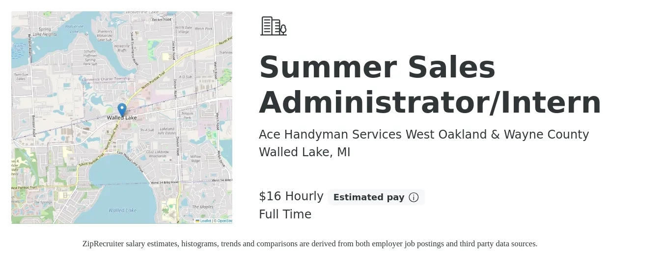 Ace Handyman Services West Oakland & Wayne County job posting for a Summer Sales Administrator/Intern in Walled Lake, MI with a salary of $17 Hourly with a map of Walled Lake location.