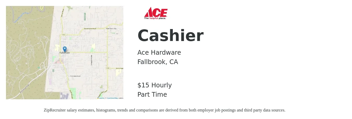 Ace Hardware job posting for a Cashier in Fallbrook, CA with a salary of $16 Hourly with a map of Fallbrook location.