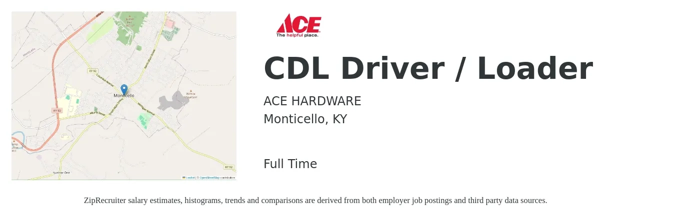 ACE HARDWARE job posting for a CDL Driver / Loader in Monticello, KY with a salary of $21 to $37 Hourly with a map of Monticello location.