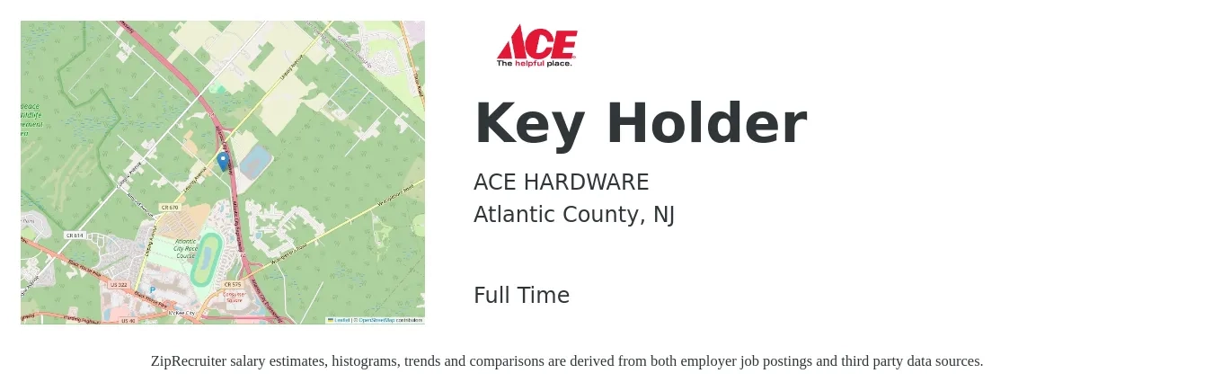 ACE HARDWARE job posting for a Key Holder in Atlantic County, NJ with a salary of $14 to $17 Hourly with a map of Atlantic County location.