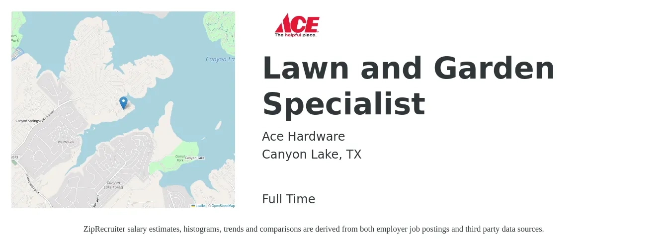 Ace Hardware job posting for a Lawn and Garden Specialist in Canyon Lake, TX with a salary of $14 to $17 Hourly with a map of Canyon Lake location.