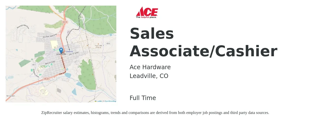 Ace Hardware job posting for a Sales Associate/Cashier in Leadville, CO with a salary of $14 to $21 Hourly with a map of Leadville location.
