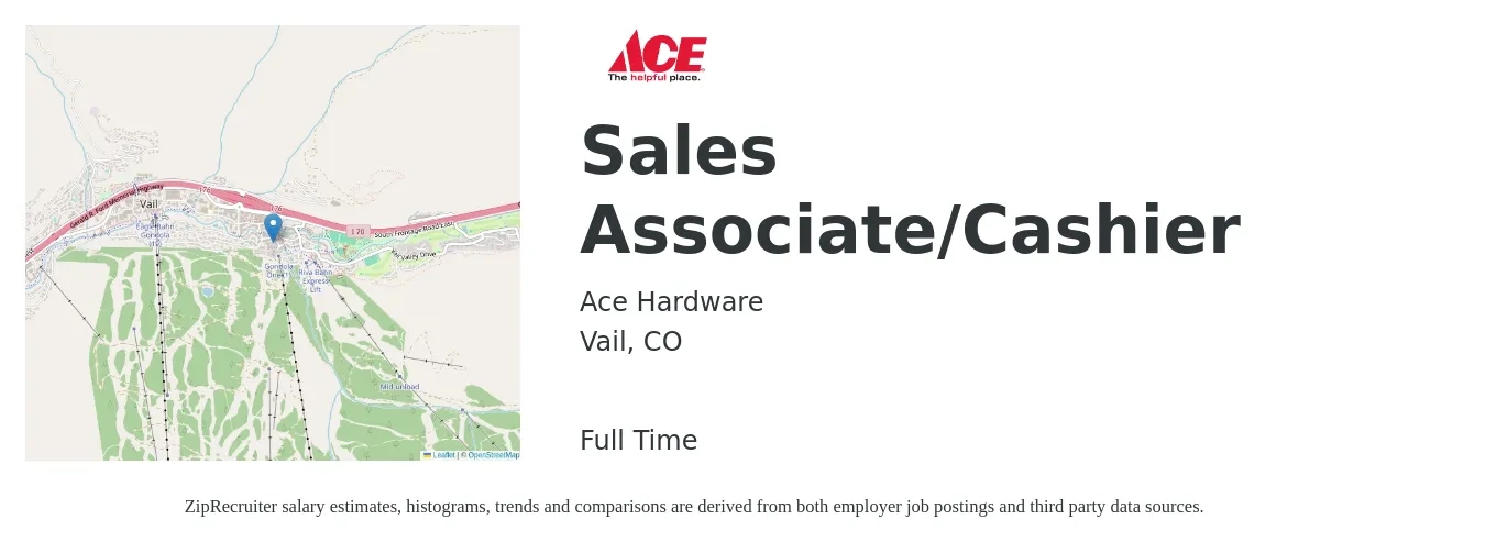 Ace Hardware job posting for a Sales Associate/Cashier in Vail, CO with a salary of $14 to $21 Hourly with a map of Vail location.
