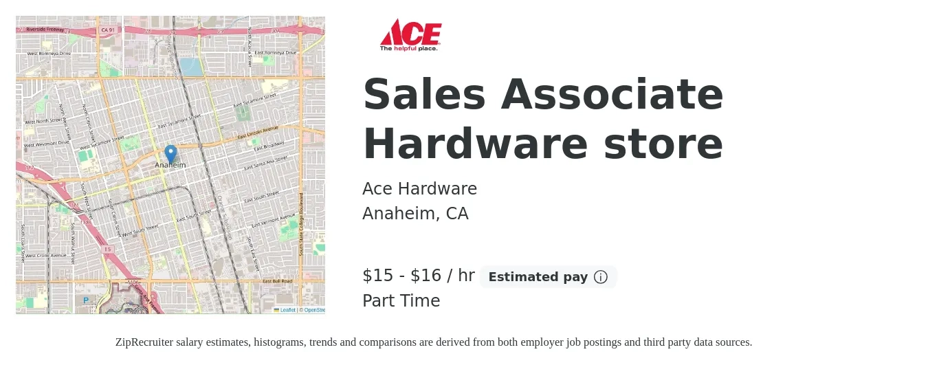 Ace Hardware job posting for a Sales Associate Hardware store in Anaheim, CA with a salary of $16 to $17 Hourly with a map of Anaheim location.