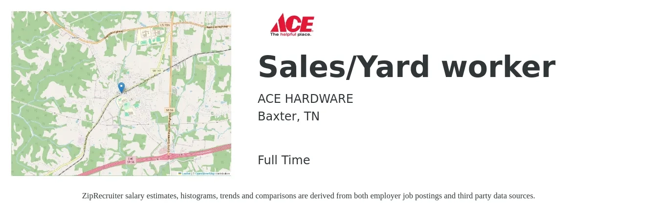 ACE HARDWARE job posting for a Sales/Yard worker in Baxter, TN with a salary of $13 to $17 Hourly with a map of Baxter location.