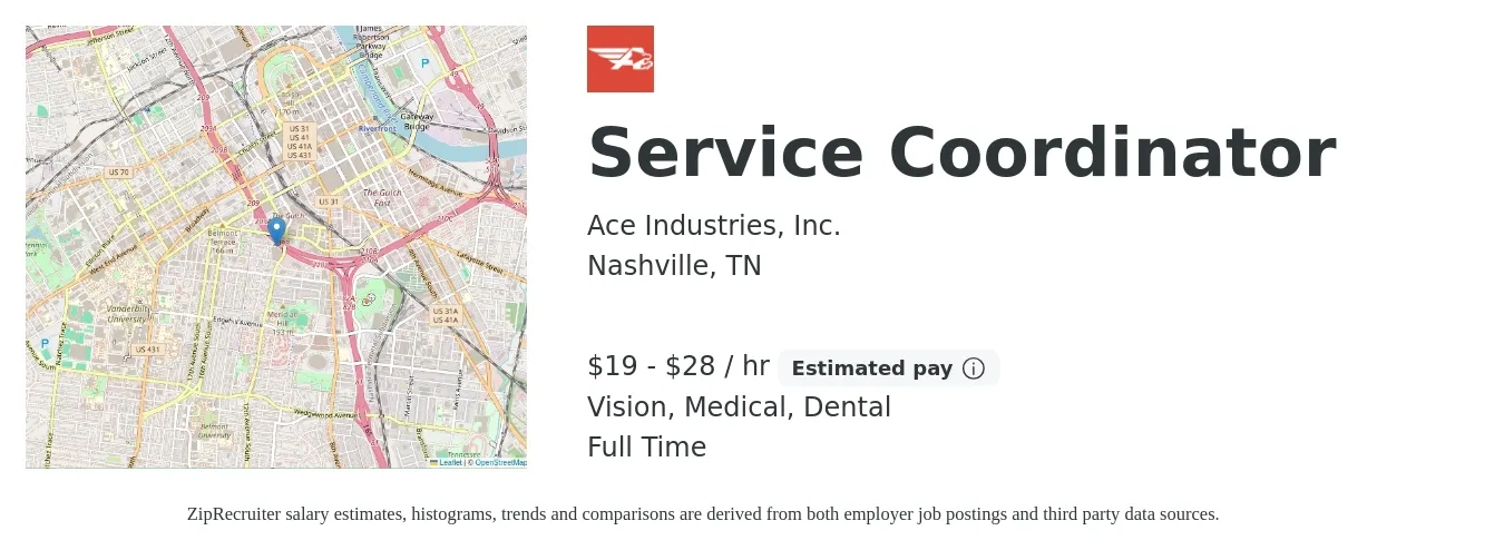 Ace Industries, Inc. job posting for a Service Coordinator in Nashville, TN with a salary of $20 to $30 Hourly and benefits including medical, pto, retirement, vision, dental, and life_insurance with a map of Nashville location.