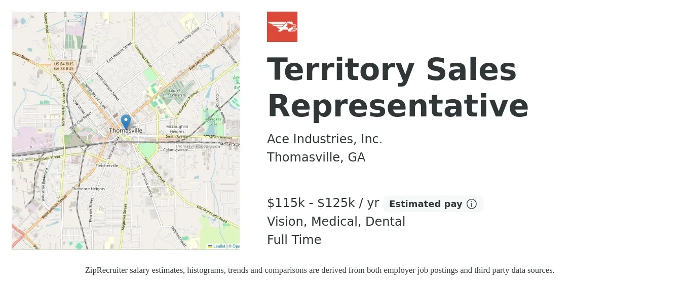 Ace Industries, Inc. job posting for a Territory Sales Representative in Thomasville, GA with a salary of $115,000 to $125,000 Yearly and benefits including vision, dental, life_insurance, medical, pto, and retirement with a map of Thomasville location.