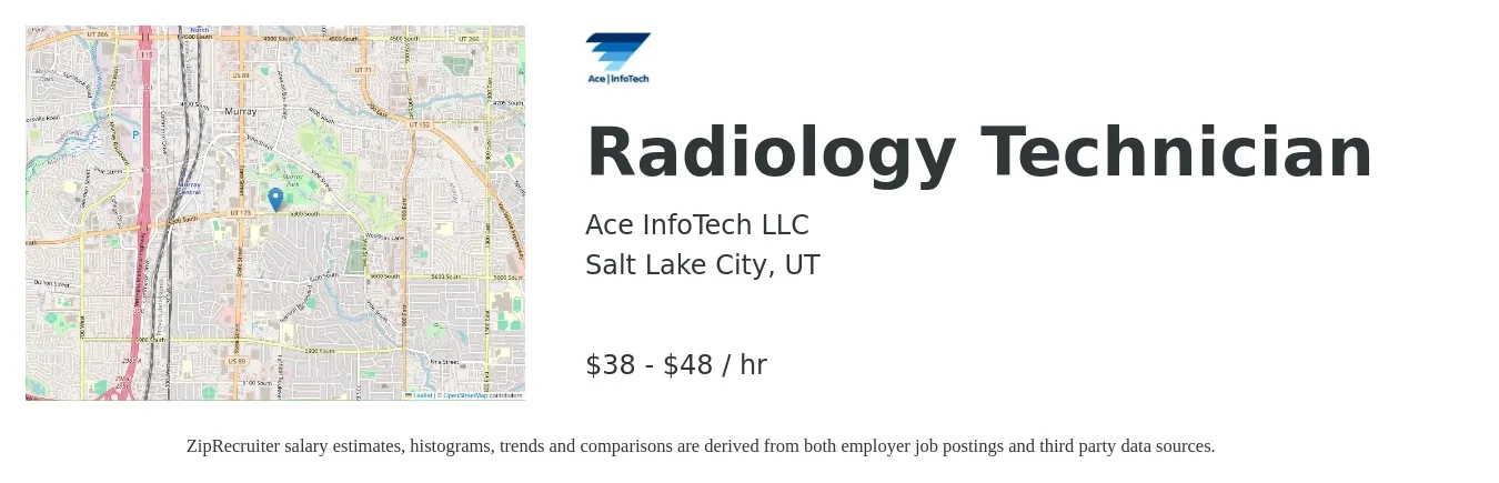Ace InfoTech LLC job posting for a Radiology Technician in Salt Lake City, UT with a salary of $40 to $50 Hourly with a map of Salt Lake City location.