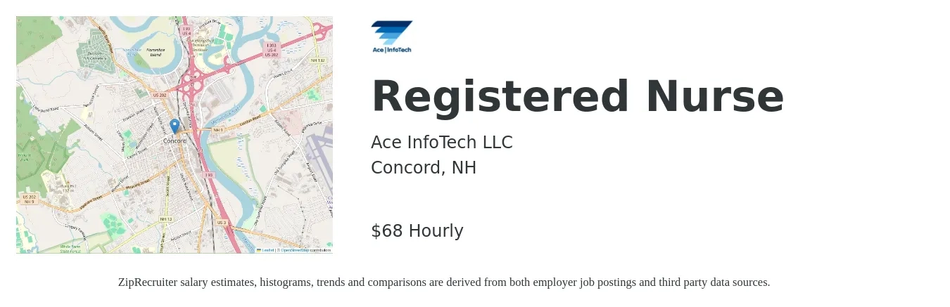 Ace InfoTech LLC job posting for a Registered Nurse in Concord, NH with a salary of $71 Hourly with a map of Concord location.
