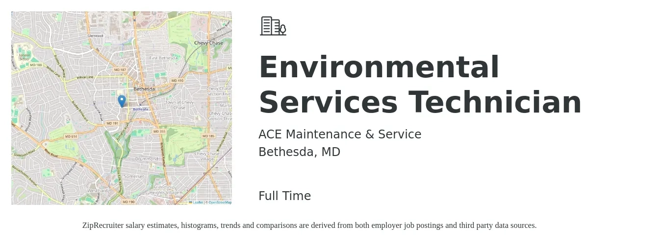 ACE Maintenance & Service job posting for a Environmental Services Technician in Bethesda, MD with a salary of $17 to $22 Hourly with a map of Bethesda location.