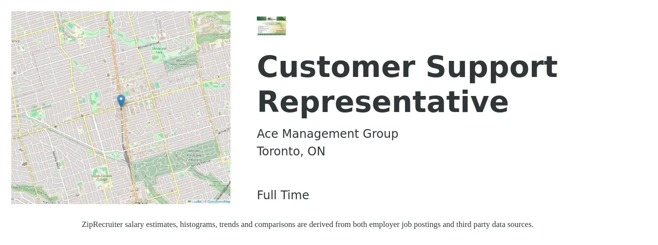 Ace Management Group job posting for a Customer Support Representative in Toronto, ON with a map of Toronto location.