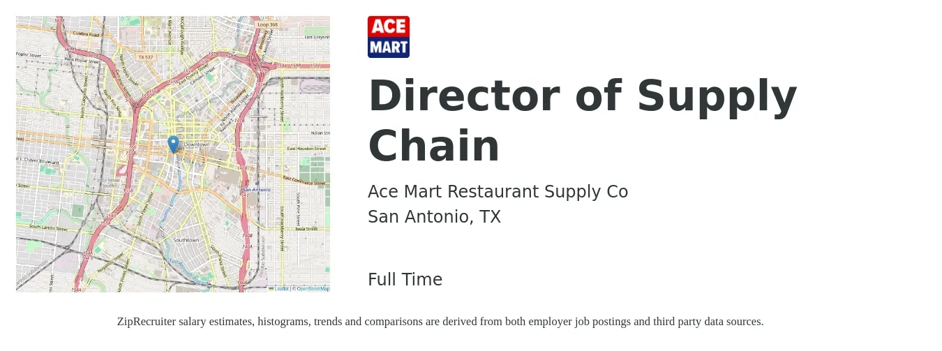 Ace Mart Restaurant Supply Co job posting for a Director of Supply Chain in San Antonio, TX with a salary of $164,200 to $185,800 Yearly with a map of San Antonio location.