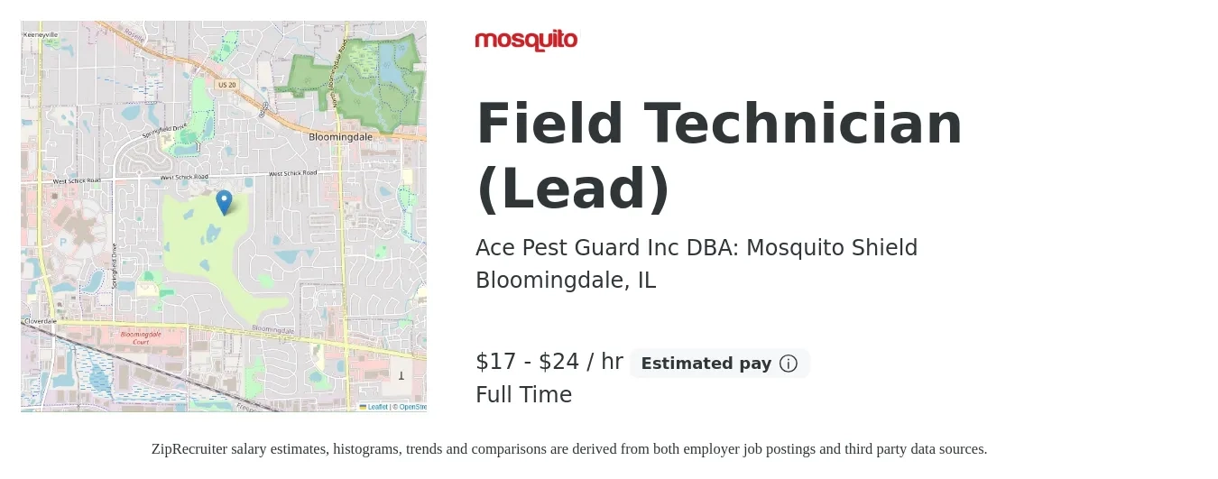 Ace Pest Guard Inc DBA: Mosquito Shield job posting for a Field Technician (Lead) in Bloomingdale, IL with a salary of $18 to $25 Hourly with a map of Bloomingdale location.