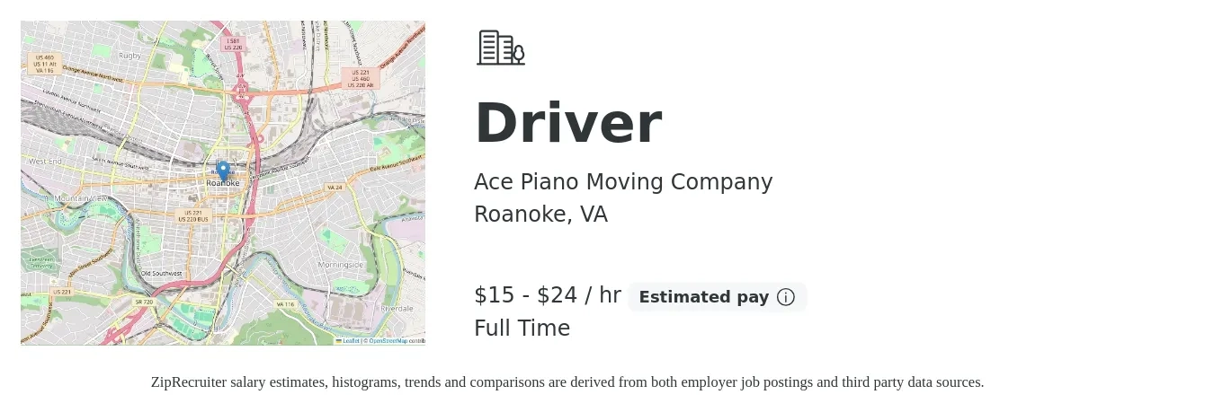 Ace Piano Moving Company job posting for a Driver in Roanoke, VA with a salary of $16 to $25 Hourly with a map of Roanoke location.
