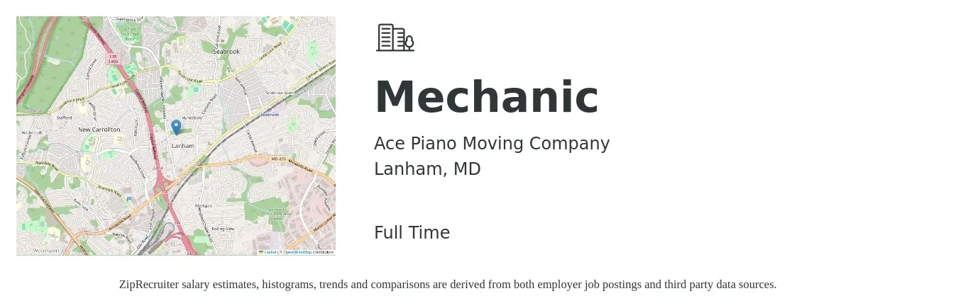 Ace Piano Moving Company job posting for a Mechanic in Lanham, MD with a salary of $20 to $30 Hourly with a map of Lanham location.