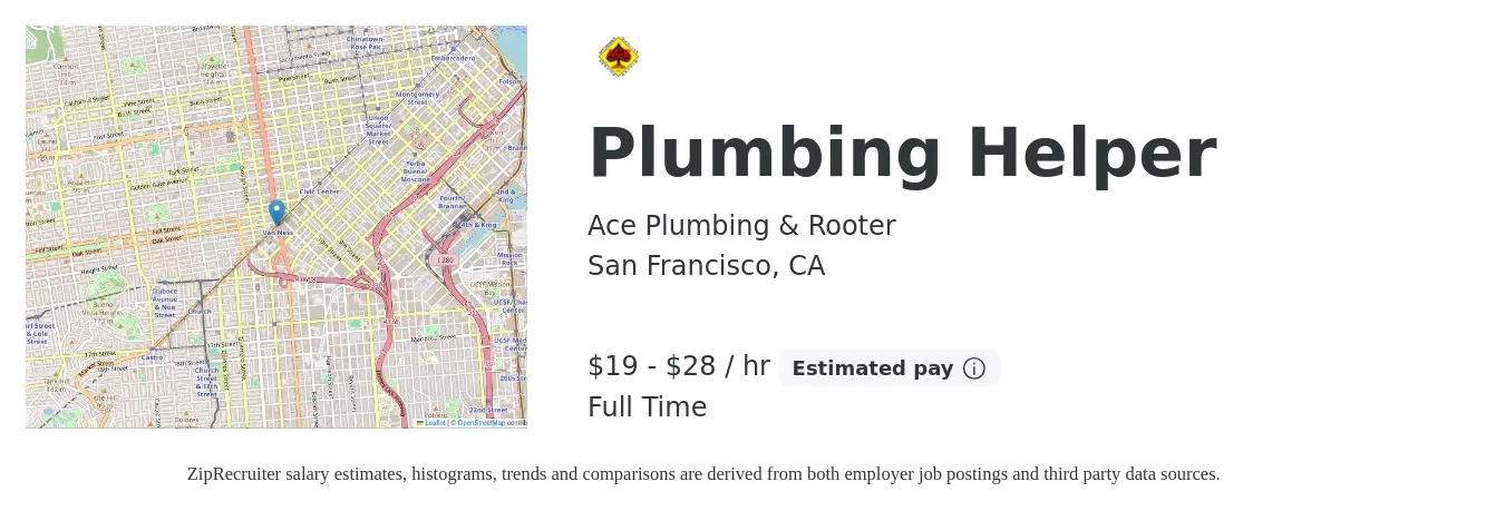 Ace Plumbing & Rooter job posting for a Plumbing Helper in San Francisco, CA with a salary of $20 to $30 Hourly with a map of San Francisco location.