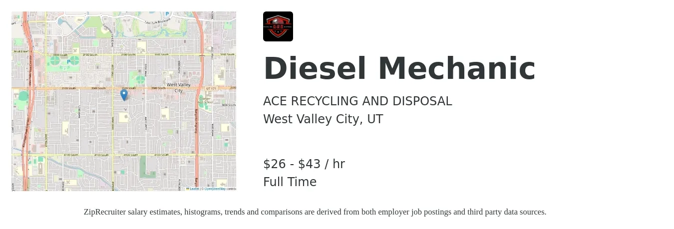 ACE RECYCLING AND DISPOSAL job posting for a Diesel Mechanic in West Valley City, UT with a salary of $30 to $45 Hourly with a map of West Valley City location.